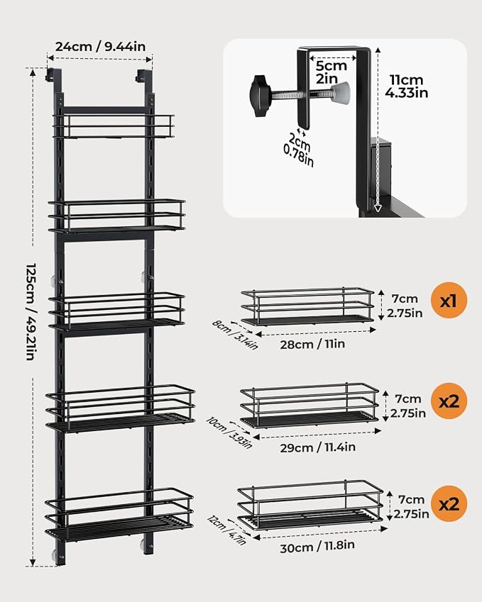 5-Tier Narrow Pantry Door Organizer,Over the Door Pantry Organizer,Black | Height Adjustable Heavy Duty Hanging Metal Basket,Back of Door Organizers and Storage for Home,Kitchen,Laundry,Bathroom