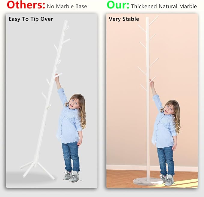Durmmur Heavy Duty Coat Rack with Natural Marble Base, 8 Metal Hooks, White | Freestanding Coat Rack, Adjustable to 39, 54 or 70 in, Metal Coat Tree for Coats, Bags & Hats in Entryway, Bedroom & Office