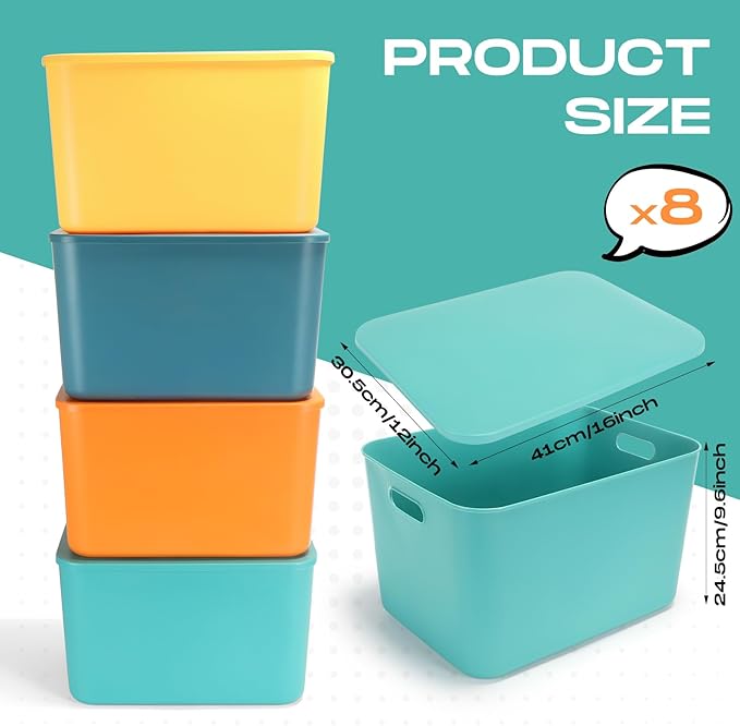 8 Pieces Colorful Storage Bins with Lid, Plastic Storage Basket Organizing Container Stackable Box with Handle for Shelves Desktop Playroom Office(16.1 x 12.0 x 9.7 Inch,Multi-colored)