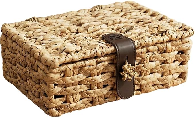 Decorative Boxes with Lid Water Hyacinth Woven Decor Wicker Storage Basket | Small Rectangular Woven Shelf, Cute Wicker Storage Baskets, Bins for Coffee Table, Organize Snack Home Decor