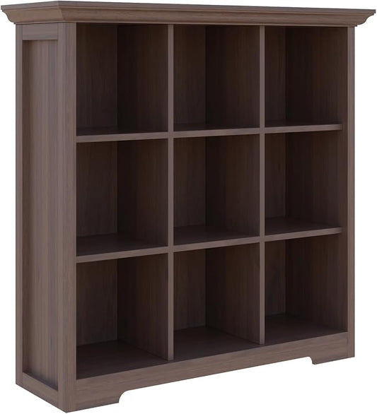 OSCHF 9-Cube Open Bookcase with Base, 3-Tier Wooden Bookshelf, Walnut | Curved Base, Crown Molding, Fits 11×11" Bins, Modern Storage Cabinet for Living Room, Bedroom, Home Office