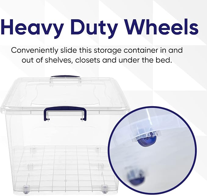 Superio Clear Storage Box with Wheels, 85 Qt Heavy Duty Container with Lid, Stackable Rolling Bin for Home, Garage, Closet Organization- Toys, Linen, Tools, Clothing, Supplies, Camping Accessories