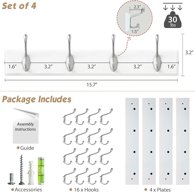 Forbena White Coat Rack Wall Mount 4-Pack, Coat Hanger Wall Mounted for Hanging Clothes Purse, Modern Key Holder Hooks for Closet Hat, Belt, Bag, Backpack, Leash (White and Silver - 16 Hooks)