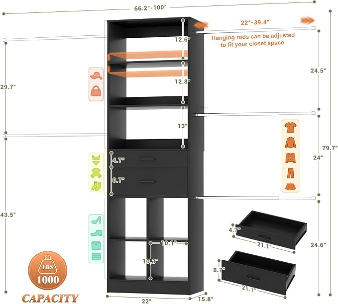 Besiost Closet System, 4-8 FT Closet Organizer Tower with 2 Wooden Drawers and Shelves, Can Fit 60 to 96 inch Walk-in Closet System with 5 Hang Rods, Built-in, Black