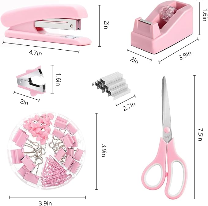 Pink Office Supplies,Desk Accessories,Desk Organizer,Phone Stand,Scissors,Stapler,Tape Dispenser,Binder clips,Staples,staple remover,Sticky Notes,Index Tabs,Clear Tape,Mini Box Cutter,Cool Pen 16pcs