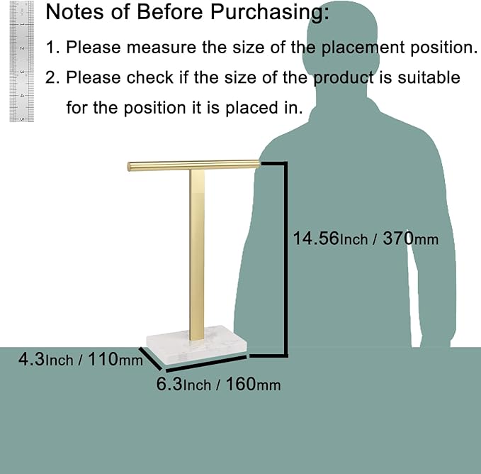 Hand Towel Holder, T-Shape Hand Towel Stand for Bathroom, Hand Towel Rack Bar Standing for Vanity Kitchen Countertop, 304 Stainless Steel, Marble Base (Gold)
