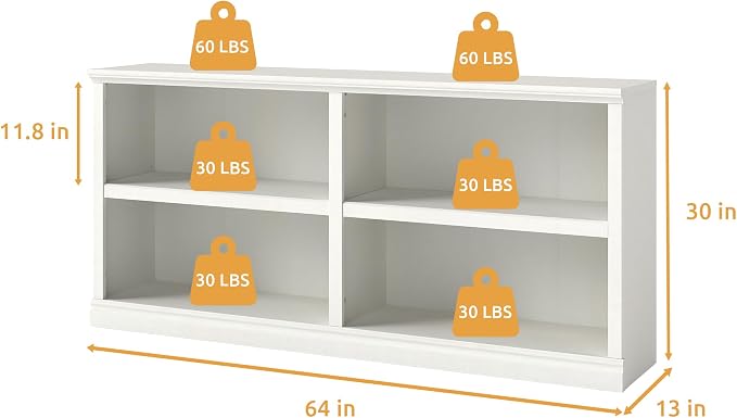 64" W Double Wide Horizontal Bookshelf, 2 Tiers 4 Storage Cube Book Case | Open Shelf Bookcase, Display Cabinet Organizer Indoor Furniture, Home Library Office, White, Adjustable Shelf