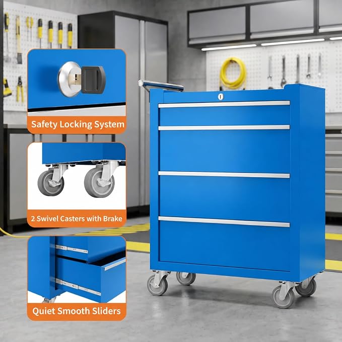 Garvee Rolling Tool Chest, 4 Drawers Tool Storage Cabinet, Toolbox with Wheels, Portable Tool Cabinet Organizer with Locking System & Drawer Liners, Tool Storage Cart for Garage, Workshop, Blue