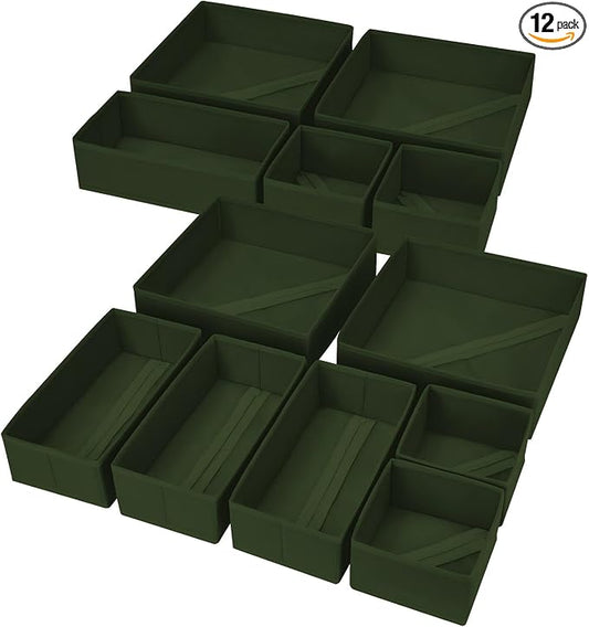 DIMJ Drawer Organizer Clothes, 12 Pack Dresser Organizer, Foldable Closet Organizers and Storage, Fabric Dresser Bins, Drawer Dividers for Nursery, Baby Clothes, Underwears, Sock (Green)