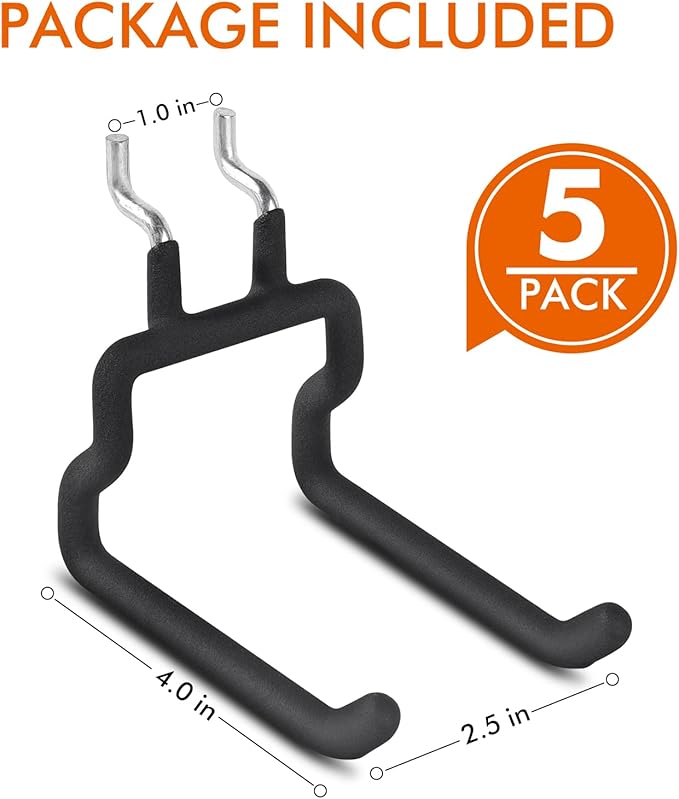 Utility Heavy Duty Pegboard Hooks, 5Pack Peg Board Accessories Tool Hangers | Fit 1/8" 1/4" Peg Holes, Double Arm Peg Board Bracket, Rubber Coated, Large Tool Organizer for Garage Workshop Shed Craftroom