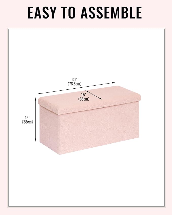 30 Inch Storage Ottoman Bench, Boucle Folding Ottoman Footstool, Rectangular Sherpa Footrest Storage Bench for Bedroom, Living Room, Entryway, Dorm, Pink