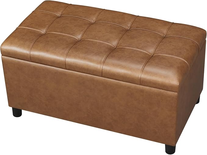 Joveco Storage Ottoman Bench, 32 Inches Faux Leather Rectangle Tufted Foot Stool for End Foot of Bed, Bedroom, Living Room,Warm Golden Brown