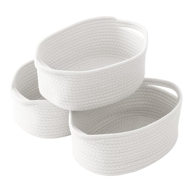 White Woven Rope Basket - Baby Gift Basket with Bag & Ribbon | Cotton rope with handle, 12 x 8 x 5 in, gift bag and ribbon, for baby shower, birthday, toy storage, nursery, shelf decor