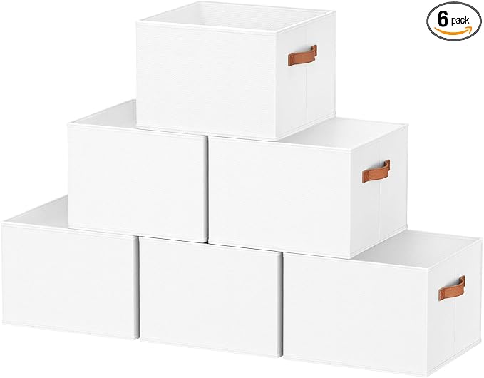 6 Pack Large Closet Storage Baskets Bins for Shelves, Collapsible Fabric Closet Organizers and Storage with Polyester Handles, Decorative Baskets for Organizing Clothes, Towels, Linen Closet 14"x10"