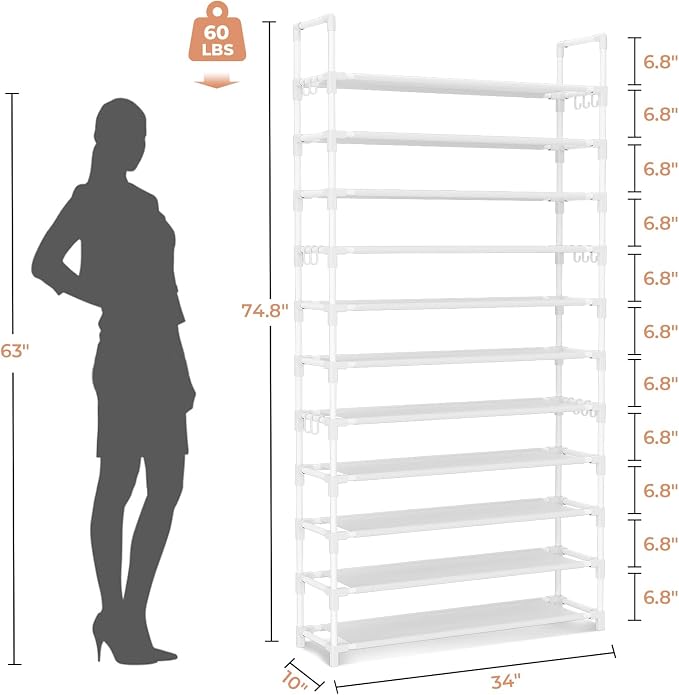 LANTEFUL 11 Tiers Tall Shoe Rack Holds 55 Pairs of Shoes with 18pcs Hooks Sturdy Wide Shoe Organizer Storage Free Standing Metal Shoe Shelf for Closet, Entryway White