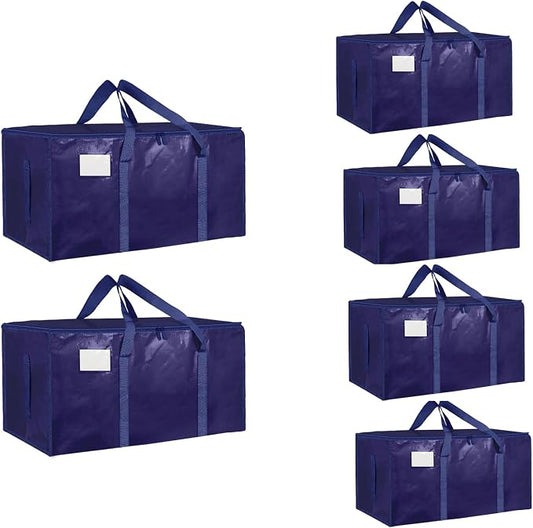 6 Pack-Extra Large Heavy Duty Moving Bags - Waterproof Storage Totes with Handles & Zippers, Foldable for College Dorm, Storage (Dark Blue)