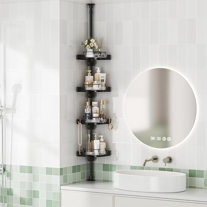 akinbas 360° Rotating Shower Caddy Tension Pole with 4-Tier Rustproof Lazy Susan 35-128 Inch No Drilling Coner Shelves Adjustable Shower Rack for Bathroom Bathtub Washbasin Plant Storage (Black)