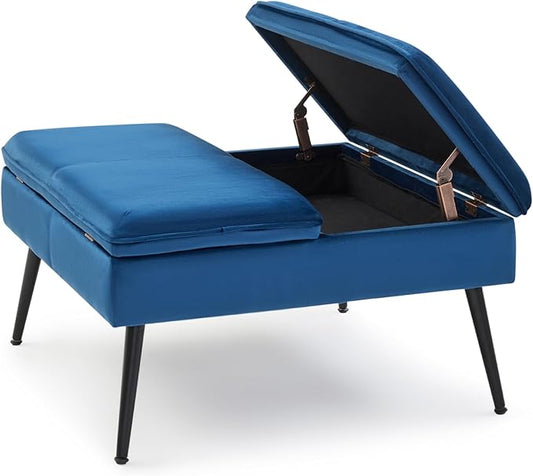 Square Ottoman with Storage Coffee Table Large Upholstered Navy | Mid-Century Modern Ottoman w/ Double Flip-Lid Metal Legs Padded Seat for Living Room Bedroom, Velvet, Loads 660 lbs