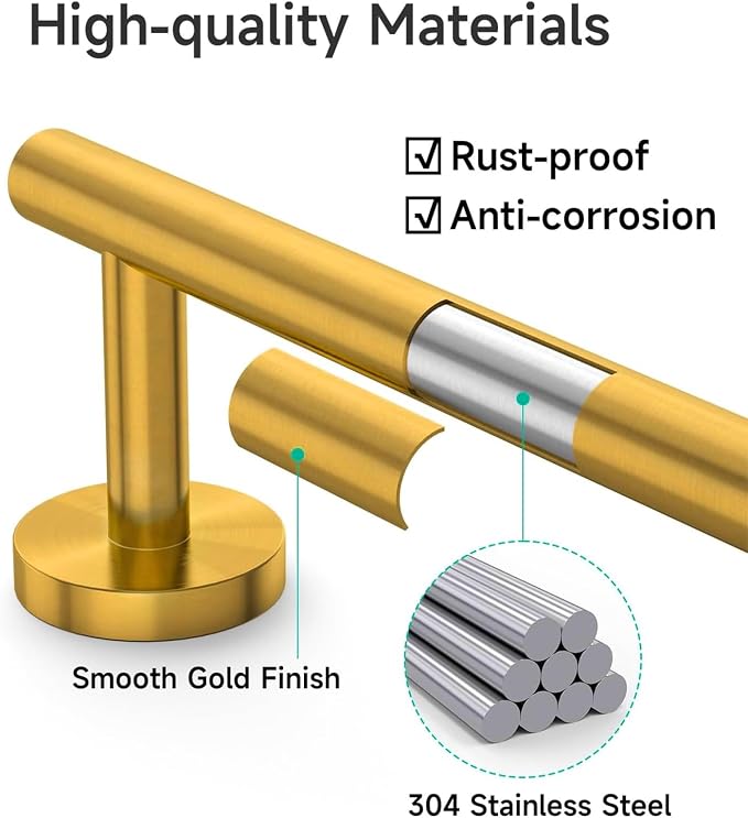 USHOWER Brass Gold Hand Towel Bar, 9-Inch Towel Racks for Bathroom | Thicken SUS304 Stainless Steel Towel Rod, Towel Holder Wall-Mounted, Modern Home Decor (Total Length 11-Inch)