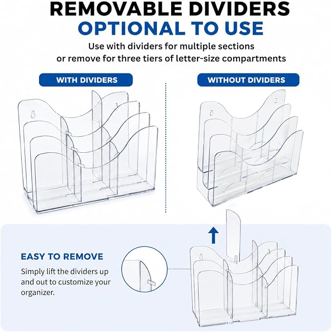 Azar Displays 250099-3PK Three Tier File and Brochure Desktop Wall Organizer Holder with Dividers brochure display stand acrylic file holder, Clear , 3-Pack