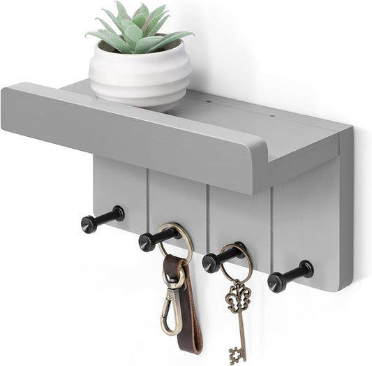 Rebee Vision Key Holder Wall Mount with Shelf for Home Decor, Light Gray | Key and Mail Holder for Wall, Floating Shelf, 4 Hooks, Aesthetic Room Decor, Apartment Essentials, Compact Home Storage