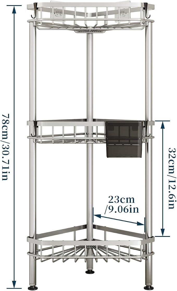 Consumest Corner Shower Caddy Stand - Rustproof Bathroom Organizer&Storage | 3 Tier Shower Shelves for Inside Shower, Stainless Steel Corner Shelf with Soap Holder, 4 Hooks, Brush Holder, Silver