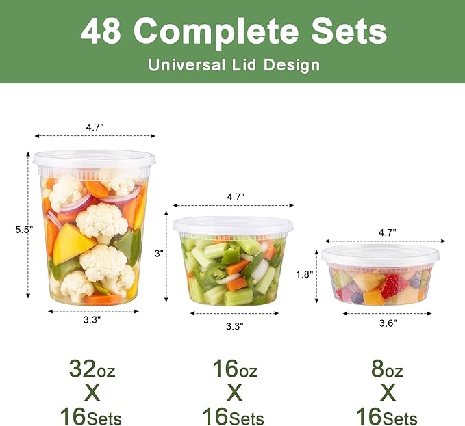 Deli Containers with Lids 48 Sets, 32/16/8 oz X 16 Set Each | BPA Free Plastic Food Containers with Lids for Soup and Takeout Meal Prep Storage, Freezer, Microwave and Dishwasher Safe