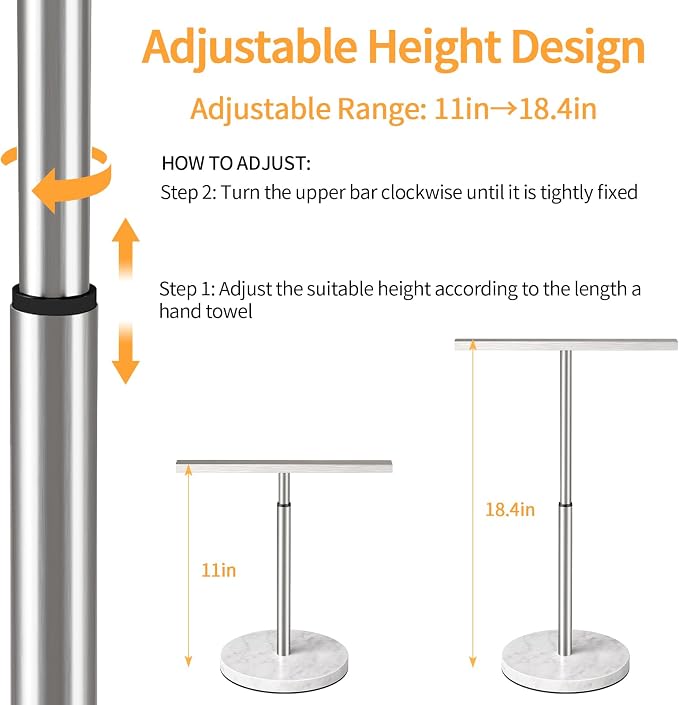 STWWO Hand Towel Stand, 11~18.8IN Adjustable Marble Base Brushed Nickel | for Bathroom, Kitchen & Countertop, T-Shape, Stainless Steel, with Sturdy Base