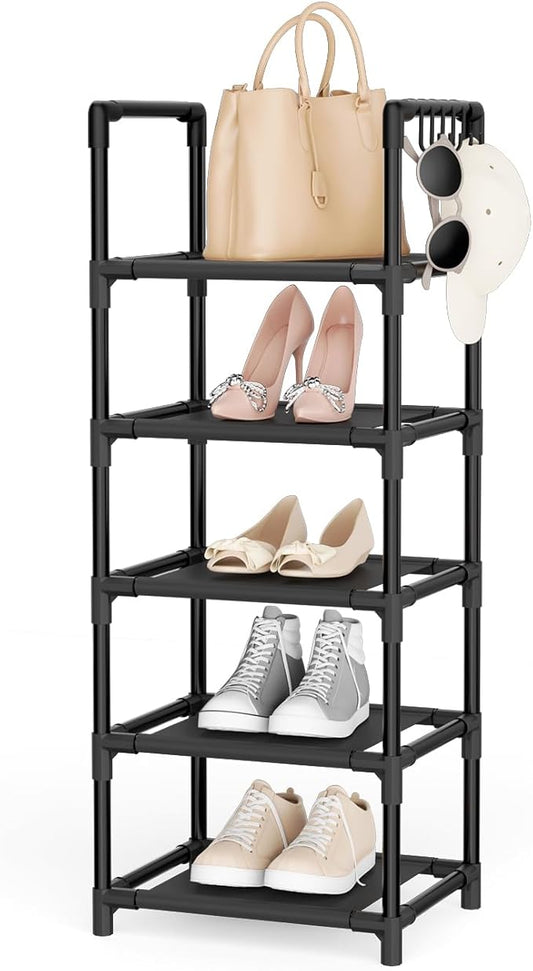 LANTEFUL Narrow Shoe Rack 5 Tier Shoe Shelf Storage for 5-10 Pairs Shoe and Boot, Sturdy Shoe Storage Space Saving Corner Shoe Rack Organizer for Closet, Entryway, Living Room, Black
