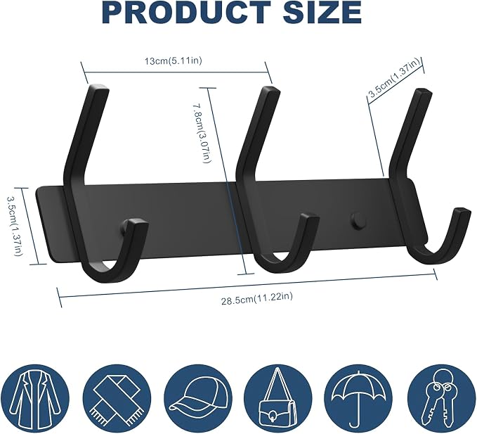 VAEHOLD Coat Hooks Wall Hook for Hanging Clothes Robes Towels Hats Heavy Duty Coat Hanger Coat Rack Wall Mount with 3 Hooks - Black