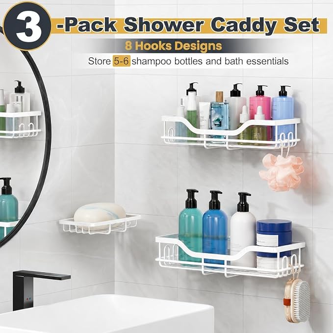 OMAIRA 3-Pack Shower Caddy with Soap Holder, Adhesive Rustproof No-drill Strudy Loading Inside Shower Organizer Shelves Rack Storage Bathroom Organization for Smooth Wall Glass Tile, White (XX-Large)