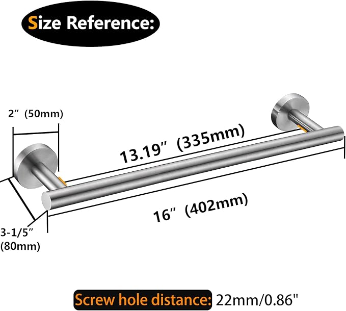 Nolimas Brushed Nickel Bath Towel Bar Single Bars Towel Rack Rod Classic Wall Mounted SUS304 Stainless Steel Bathroom Towel Holder Toilet Kitchen Towel Shelf Single Layer,16 inches