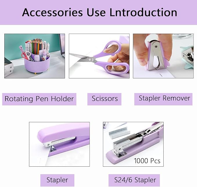 Office Supplies,Purple Desk Accessories,Office Supplies Set,Desk Organizer,Stapler,Tape Dispenser,Scissors,Staple Remover,Binder Clips,Staples,Ballpoint Pen,Index Tabs with Ruler,Clear Tape.10pcs