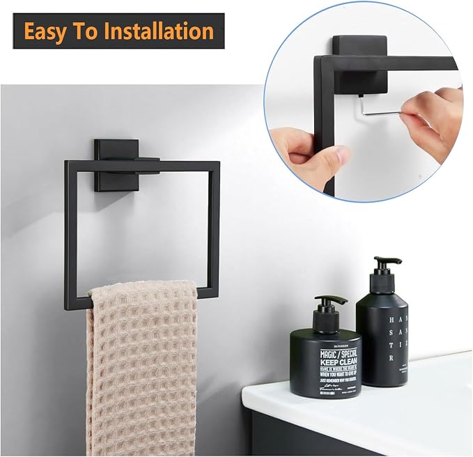 JOPOFI 2-Piece Towel Ring - Hand Towel Holder for Bathroom - Matte Black | Stainless Steel Towel Holder, Towel Racks for Bathroom, Square Modern Design Hand Towel Holder, Contemporary Hand Towel Bar
