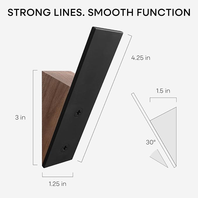 Walnut Wood Coat Hooks, High End Walnut Wood & Black Metal Wall Mounted Coat Hooks, Mid-Century Modern Clothes Hooks, Heavy Duty Wooden Hooks for Hanging Coats, Hats, Towels & More, Set of 2