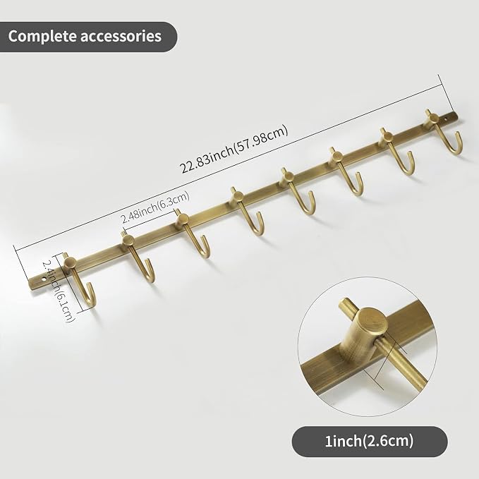 WINCASE Antique Brass Hooks, 8 Hook Coat Rack, Bath Wall Mounted Vintage Brushed Brass Bathroom Row Hooks Rustic Towels Coats Hooks