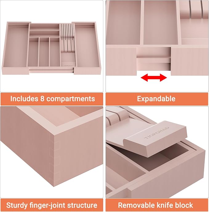 Expandable Bamboo Silverware Drawer Organizer Tray, Grey Pink | Removable Knife Block, Holds 7 Knives, Adjustable Dividers, 12.6-21.45 x 16.3 x 2.13 in, Drawer Insert for Utensils, Forks