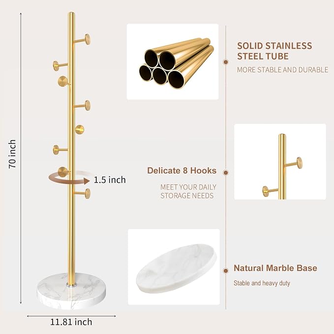 Coat Rack Stand,Golden Metal Coat Rack Freestanding with 8 Hooks | Modern Coat Rack with Natural Marble Base,Coat Hanger Stand, 3 Adjustable Coat Clothes Tree Stand for Office