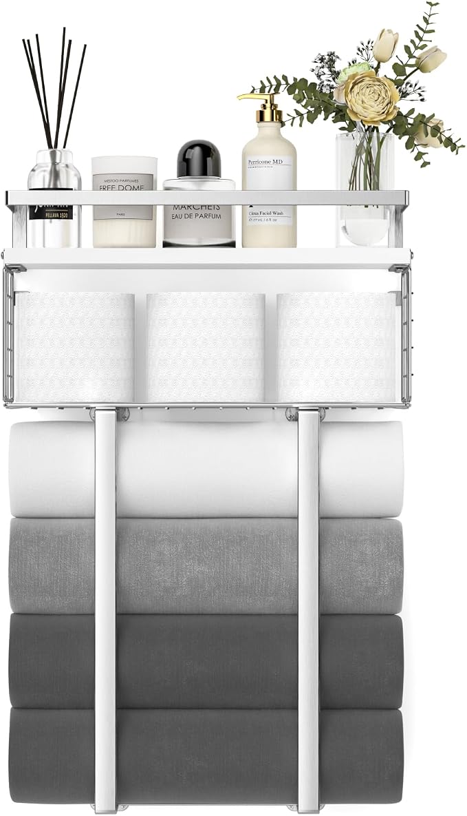 Towel Racks for Bathroom, Bathroom Shelf Over Toilet,Floating Shelves with Towel Rack Paper Holder Storage Basket,Floating Shelves for Wall Decor,Silver