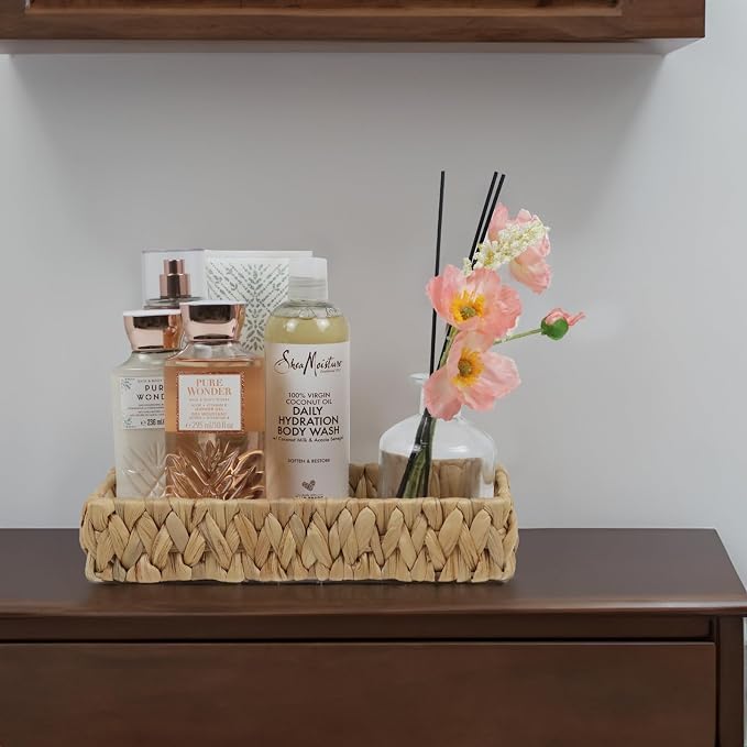 Water Hyacinth Bathroom Vanity Tray with Handle, 11 Inch | Toilet Tank Basket, Bathroom Counter Organizer, Small Wicker Tray, Toiletry Storage, Woven Decor