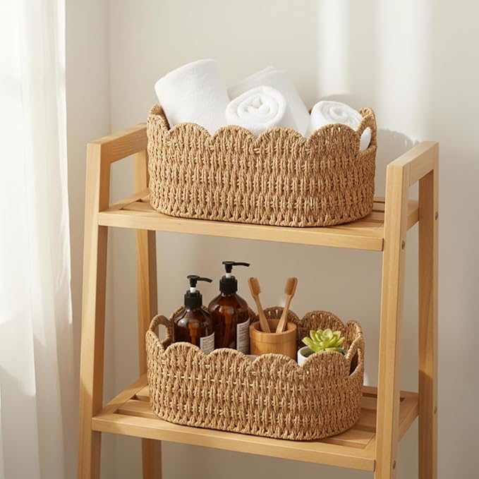 Coeusy Paper Rope Scalloped Basket Set of 2, Wicker Storage Baskets for Shelves,Gifts,Books,Toys,Cute Decor Rattan Baskets for Organizing,Natural Color