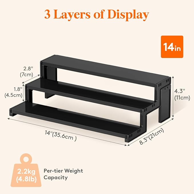Lifewit Spice Rack, Perfume Cologne Organizer, Cupcake Stand, Tool-Free Assembly, Display Riser Shelf, Seasoning Figurine Makeup Holder, Room Decor, Kitchen Cabinet Storage, Black, 14in-3 Tier, 2 Pcs