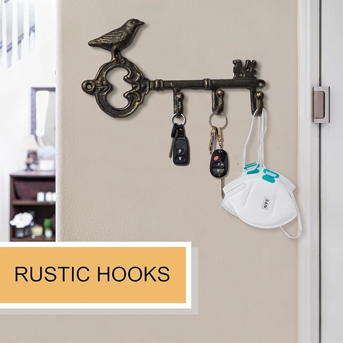 IRISVITA Key Hook for Home Decorative, Vintage Bronze Cast Iron Key Holder with 3 Hooks - Antique Bird Wall Art for Organizing Keys