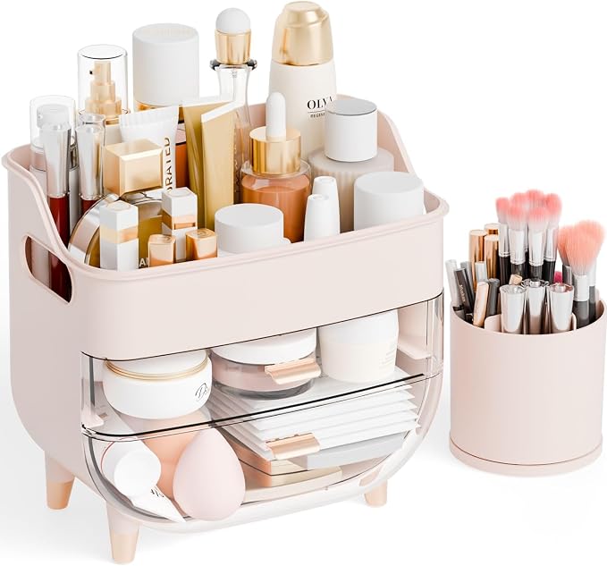 Pink Make up Organizer for Countertop,Vanity,Large Capacity Bathroom Makeup Skincare Organizers With Brush Holder,Makeup Storage Organizer for Lotion,Beauty Products,Skin Care,Makeup Display