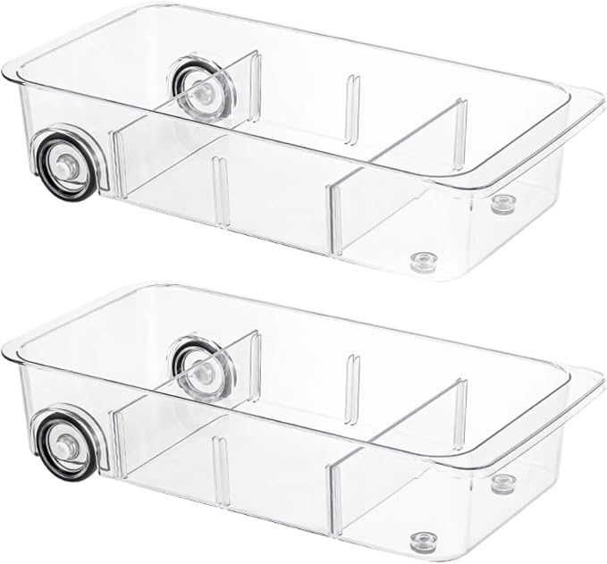 Roll-Out Refrigerator Organizers and Storage, 2 Pack Drawer Fridge Bins | Silicone Wheels, Adjustable Dividers, Thick Clear PET, Built-In Handle, for Fridge, Pantry, Bathroom & Kitchen Organization