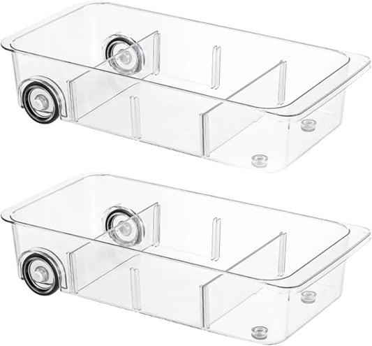 Roll-Out Refrigerator Organizers and Storage, 2 Pack Drawer Fridge Bins | Silicone Wheels, Adjustable Dividers, Thick Clear PET, Built-In Handle, for Fridge, Pantry, Bathroom & Kitchen Organization