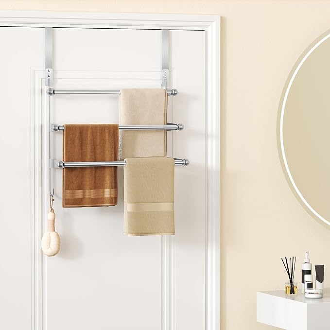 Over The Door Towel Rack,304 Stainless Steel Towel Rack with 2 Hooks, 3 Tier Towel Bar for Hanging Towels, Over Door Towel Storage Holder for Bathroom