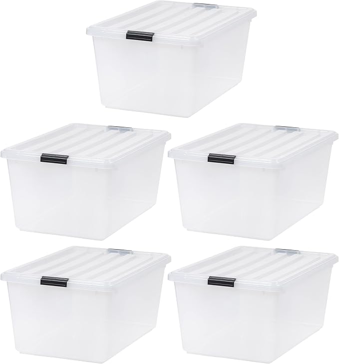 IRIS USA 5-Pack 68 Qt Stackable Storage Bins with Lids, Clear | Clear design makes contents easy to identify while organizing closets, bedrooms and storage rooms, Stackable and nestable