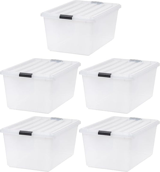 IRIS USA 5-Pack 68 Qt Stackable Storage Bins with Lids, Clear | Clear design makes contents easy to identify while organizing closets, bedrooms and storage rooms, Stackable and nestable