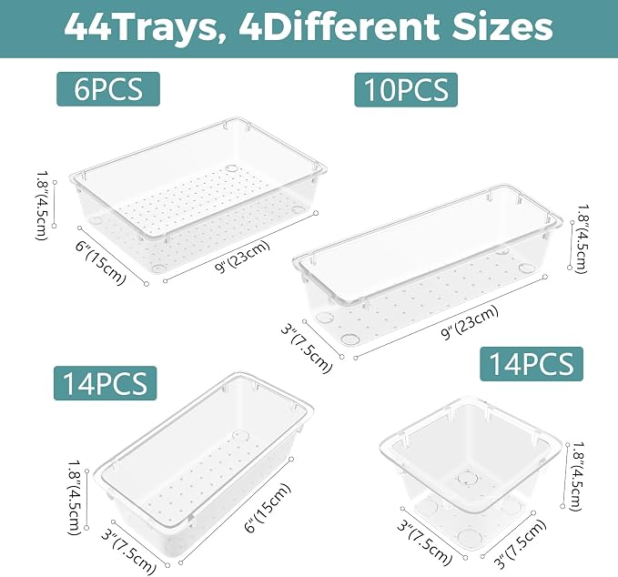 44 PCS Clear Plastic Drawer Organizer Set, 4 Sizes Storage Bins, Clear | Desk Drawer Organizer Trays for Makeup, Jewelry, Gadgets and Utensils, Perfect for Bathroom, Bedroom and Office Organization